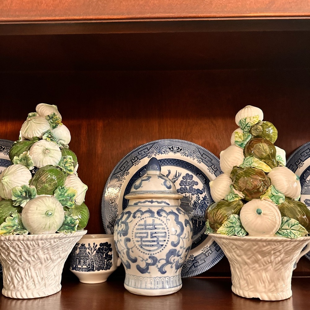 Vintage majolica onion and artichoke sculptures